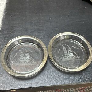 Set of 2 WILLIAMS SONOMA ETCHED SHIP Sails BAR GLASS DRINK COASTER BARWARE